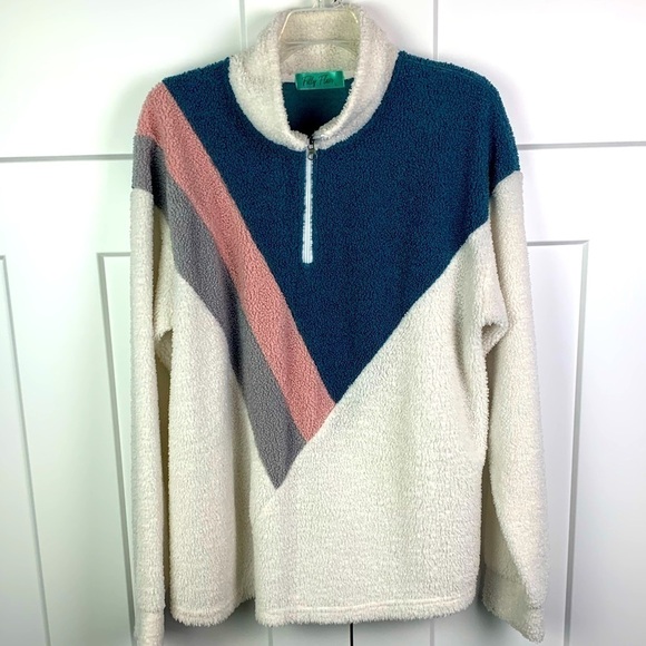 Filly Flair LARGE color Block Fleece Quarter Zip White Blue Pink Y2K - Picture 1 of 6